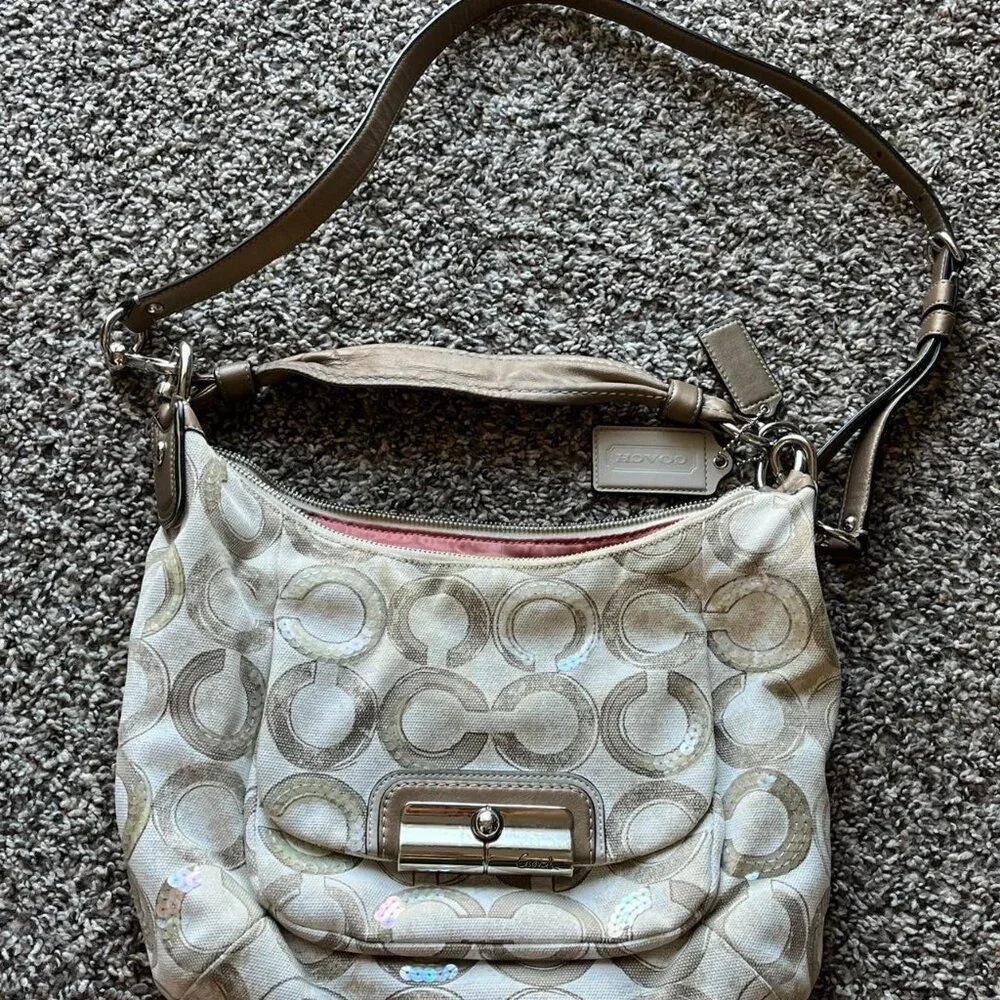Vintage Coach Kristin Signature Canvas Khaki Cream Optic Art Sequin Hobo Bag - Picture 3 of 8